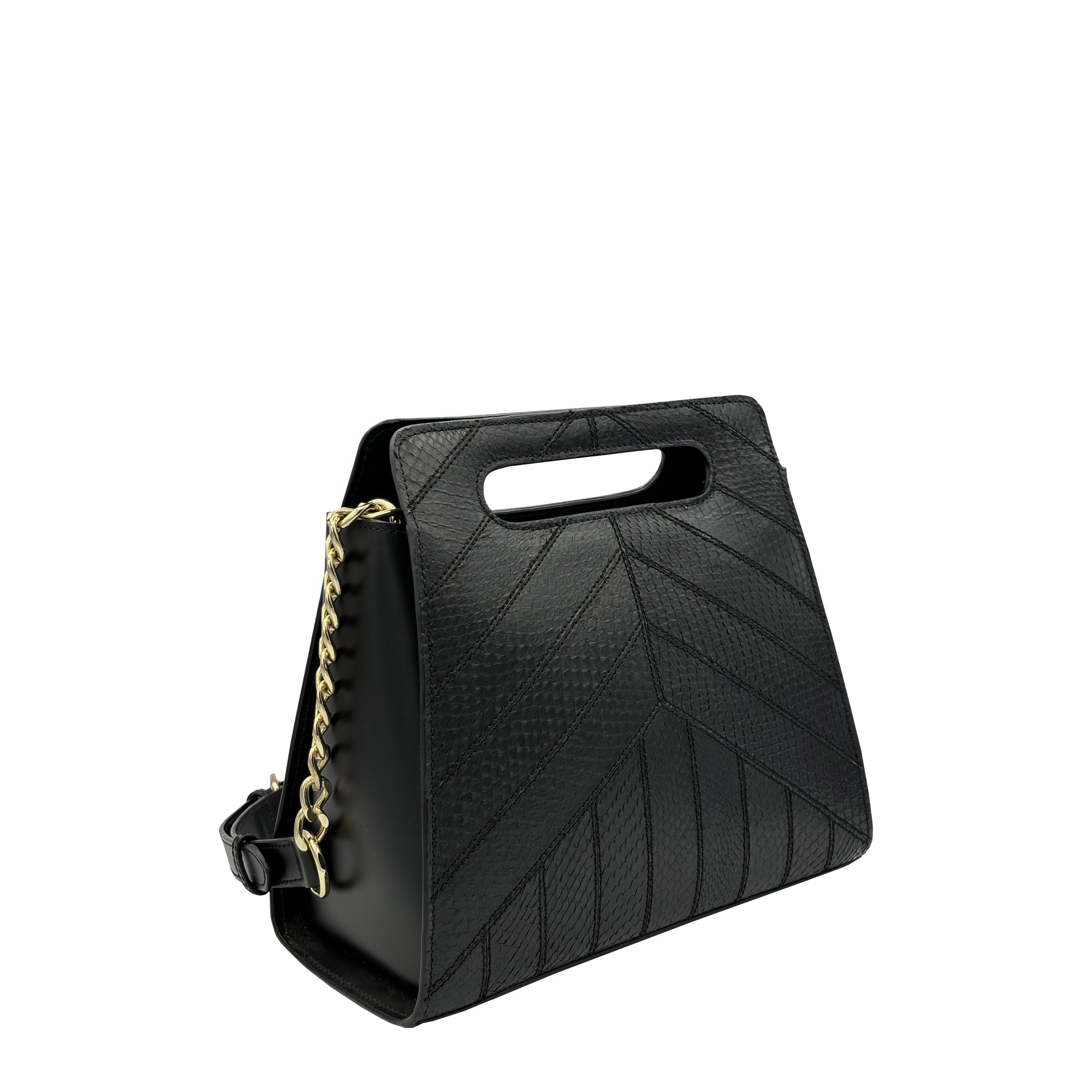 Raphaelle black sustainable marine salmon leather side view.